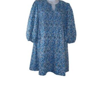 Sweet Magnolia Womens Smocked Tunic Top Bliue Floral V Neck Puff Sleeve XL New